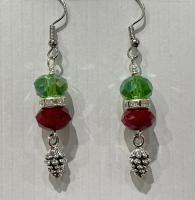 Holiday Pinecone Earrings - Ruby Jade, Glass, Silver by Artisan Jewelry