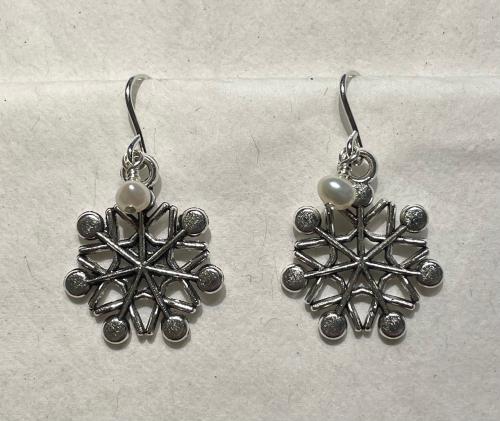 Silver Snowflake & White Pearl Earrings - #MT24 by Artisan Jewelry