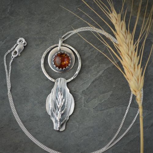 Silver Wheat Pendant Necklace with Dark Baltic Amber by Artisan Jewelry