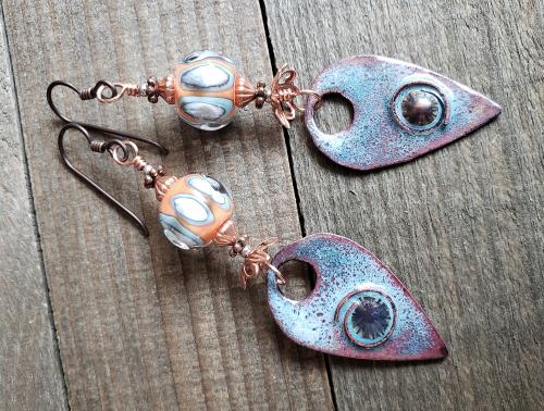Blue and Orange, Copper and Enamel Drop Earrings by Artisan Jewelry
