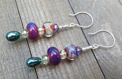 Plum and Forest Green Glass Drop Earrings by Artisan Jewelry